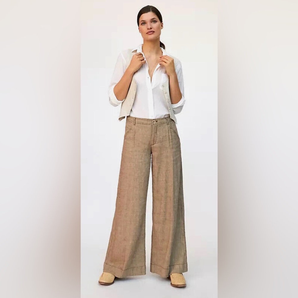 Anthropologie Linen Blend Pants 4 Tan Beige Brown Wide Leg Pocket Pleat NWT $148